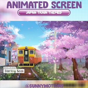 Peut inclure: Un économiseur d'écran animé de style dessin animé avec un train jaune et rouge traversant une forêt de cerisiers en fleurs. Le texte "Bienvenue sur le flux" et "Démarrage bientôt" est affiché à l'écran. Le texte "@SUNNYMOTIONS" est en bas de l'écran.