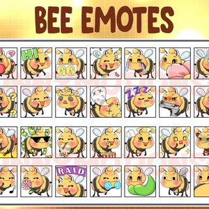 May include: A set of 20 bee emoticons with different expressions and accessories. The bees are yellow and black with white wings and eyes. The emoticons include a bee holding a heart, a bee wearing sunglasses, a bee with a crown, and a bee with a gun.