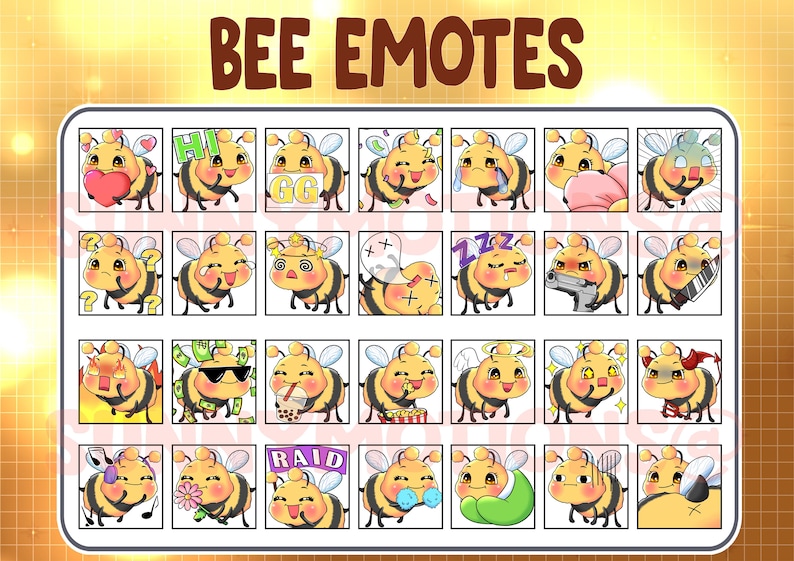 May include: A set of 20 bee emoticons with different expressions and accessories. The bees are yellow and black with white wings and eyes. The emoticons include a bee holding a heart, a bee wearing sunglasses, a bee with a crown, and a bee with a gun.