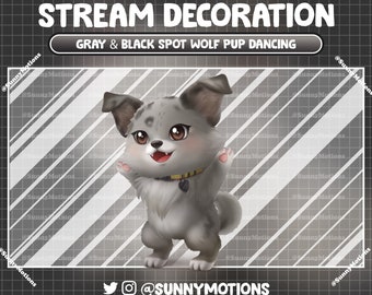 Animated Stream Decoration: Aesthetic Gray Black Spot Wolf Pup Dancing, Puppy Dog Cub Twitch Overlay Animal Wild Forest Fox Pup Vtuber Asset
