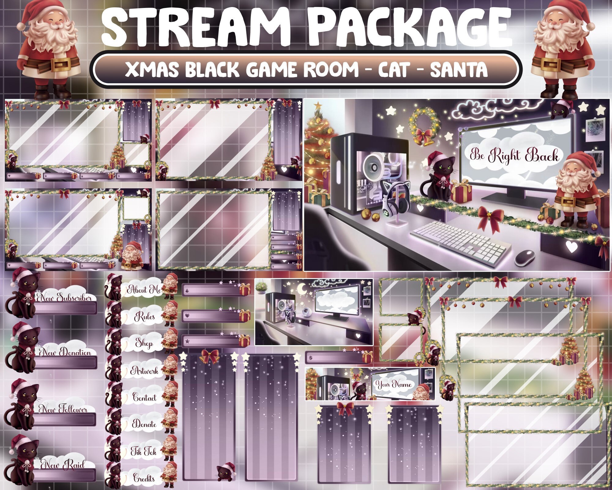 ANIMATED Twitch Overlay Stream Package / Aesthetic Christmas Black-White Plant House / PC Setup Game Room / Xmas Black Cat / Santa Clause