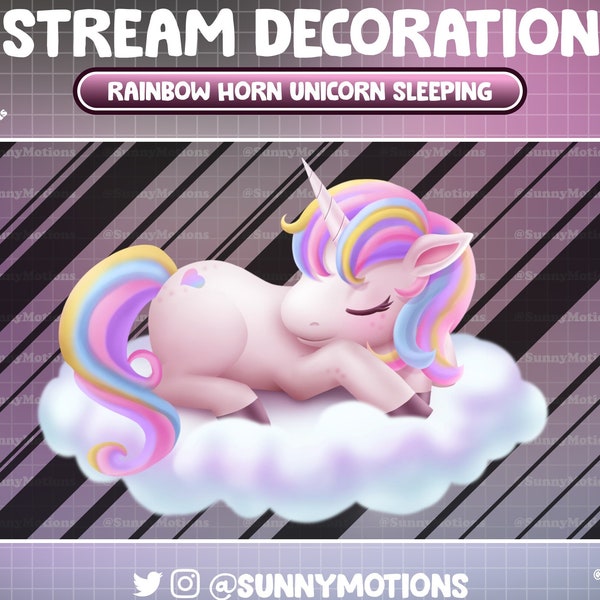 2 Animated Stream Decoration: Cute Aesthetic Rainbow Horn Unicorn Sleeping Cloud, Kawaii Pony, Girls Room House Twitch Overlay, Alert, Scene