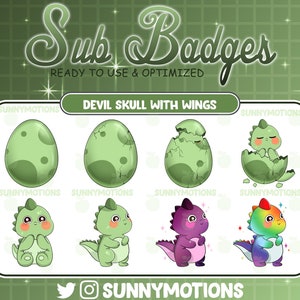 Puede incluir: Un conjunto de ocho insignias de suscripción animadas que representan un dragón verde naciendo de un huevo. El dragón se representa en varias etapas de nacimiento, desde un huevo cerrado hasta un dragón completamente nacido con alas. Las insignias están diseñadas para su uso en Twitch, YouTube y otras plataformas de transmisión.