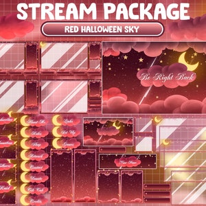 Paquete de transmisión de Twitch ANIMADO COMPLETO / Superposición del cielo nocturno mágico de Halloween de terror rojo / Nube estética / Luna creciente / Cometa, Estrella cayendo