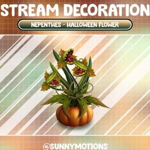 May include: A Halloween-themed stream decoration featuring a green, carnivorous plant with red flowers growing out of a pumpkin. The plant is called "Nepenthes - Halloween Flower".