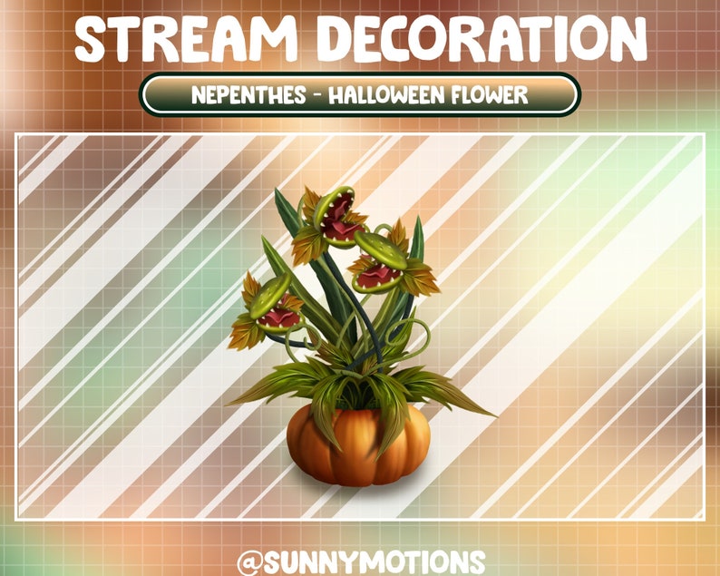 May include: A Halloween-themed stream decoration featuring a green, carnivorous plant with red flowers growing out of a pumpkin. The plant is called "Nepenthes - Halloween Flower".