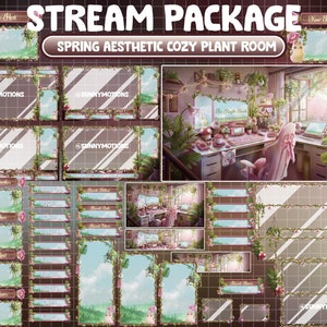GEANIMEERD Streampakket: Schattig warm en gezellig lente-lofi-bureau met paddenstoel Cottagecore Twitch-overlay Esthetische, bloemenwortels Roze rustige kamer