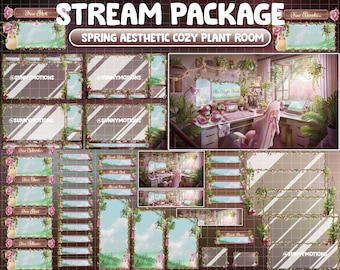 Paquete de transmisión ANIMADA: lindo, cálido y acogedor escritorio Lo-Fi de primavera con estética de superposición Twitch Cottagecore de hongos, habitación tranquila rosa con raíces florales