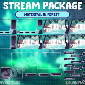 VOLLSTÄNDIG ANIMIERTES Twitch-Stream-Paket / Leuchtender Wasserfall im Magic Spirit-Märchenwald / Spark Lake / Animiertes Overlay Mintgrünes Overlay