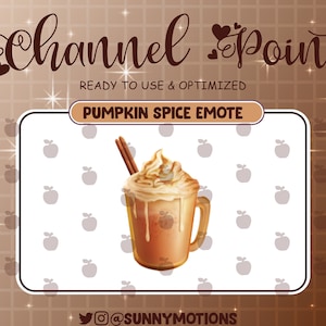 Pode incluir: Uma ilustração digital de um latte de especiarias de abóbora com chantilly e paus de canela. O fundo é branco com um padrão de maçãs cinzas. O texto "PUMPKIN SPICE EMOTE" está no topo da imagem.