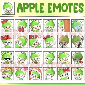 May include: A grid of 36 green apple emojis with different expressions, including "Hi", "GG", "LOL", "RIP", "Zzz", "Raid", and "Ban". The title "APPLE EMOTES" is at the top of the grid.