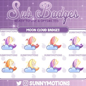 8 Purple Yellow Angle Moon & Cloud Galaxy Twitch Sub Bit Badges, Blue Cloud Stream, Kawaii Sub Badges for Streamers, YouTubers, Tiktok, OBS