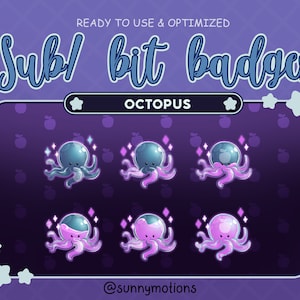 Cute Purple Octopus Twitch Sub Badges / Bit Badges / Emote Liquid Octopus / Sea Animal Subscriber Badges / Bit Badges for Streamer, Discord
