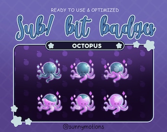 Op de afbeelding: Zes geanimeerde octopus-badges in verschillende animatiestadia. De octopus is blauw en paars met een witte ster bovenop zijn kop. De badges zijn klaar voor gebruik en geoptimaliseerd voor Twitch en YouTube.