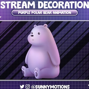 May include: Purple polar bear animation, a cartoon illustration of a polar bear sitting down with a sad expression. The bear is against a purple and black grid background. The text "STREAM DECORATION" is at the top of the image and "PURPLE POLAR BEAR ANIMATION" is in a white box below it. The text "@SUNNYMOTIONS" is at the bottom of the image.