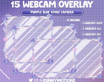 May include: Purple and blue Christmas themed webcam overlays.  The overlays feature a striped background with candy canes, holly, and snowflakes.  The text "15 WEBCAM OVERLAY" and "PURPLE BLUE XMAS CAMERA" is at the top of the image.  The text "IT INCLUDE:" is followed by a list of the different webcam sizes included: 5 WEBCAM 16X9, 5 WEBCAM 4x3, 5 WEBCAM 1X1.  The text "@SUNNYMOTIONS" is at the bottom of the image.
