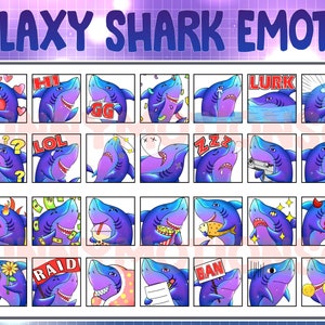 28 Twitch Discord Emotes Cute Galaxy Shark / Kawai Chibi Fish Emoji / Sea Animal Sub Bit Badges /  Streamer Bundle Overlay / Channel Points