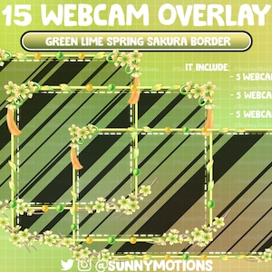 May include: A digital graphic featuring 15 webcam overlays with a green lime spring sakura border. The design includes three different sizes: 16x9, 4x3, and 1x1. The overlays have a floral and tassel design with the text "15 WEBCAM OVERLAY".