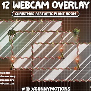 May include: Twelve Christmas-themed webcam overlays featuring a plant room aesthetic. The overlays are in three aspect ratios: 16:9, 4:3, and 1:1. Each overlay features a red and white striped background with a white frame and a string of lights. The overlays also feature a variety of Christmas decorations, including a plant, a candle, and a gift box.
