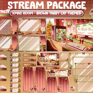 ANIMATED Twitch Overlay Stream Package / Lo-fi Aesthetic Merry Christmas / Retro Xmas Tree House / PC Set Up Room / Winter Brown Tabby Cat