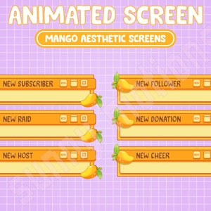 Op de afbeelding: Geanimeerde schermoverlays met een mango-thema. De overlays zijn voor Twitch, YouTube of andere streamingplatforms. De tekst op de overlays luidt "Nieuwe abonnee", "Nieuwe volger", "Nieuwe raid", "Nieuwe donatie", "Nieuwe host" en "Nieuwe cheer".