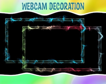 Könnte beinhalten: Ein schwarzer Hintergrund mit zwei leuchtenden, bunten quadratischen Rahmen. Die Rahmen bestehen aus funkelnden Partikeln in Blau, Pink, Gelb und Grün. Der Text "WEBCAM DECORATION" befindet sich oben im Bild.