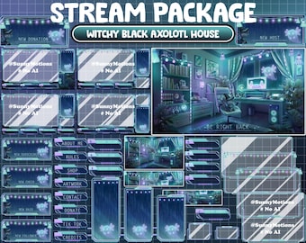 ANIMATED Stream Package: Black Axolotl In Witchy Celestial Game Desk Room Twitch Overlay, Cyan Halloween Raining Night, Ghost, Potion, Skull