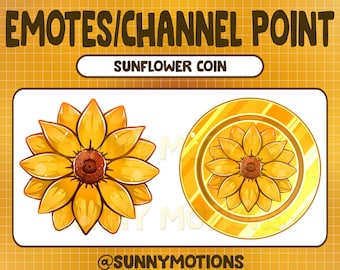May include: A digital illustration of a sunflower coin. The coin is gold with a yellow sunflower in the center. The text "Sunflower Coin" is above the coin. The text "@SUNNYMOTIONS" is below the coin.