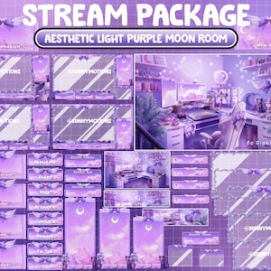 ANIMATED Twitch Overlay Stream Package: Lo-fi Vibe Aesthetic Plant Light Purple Room, Cozy Cyberpunk Moon Girl Princess Room Black Cat Alert