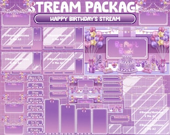May include: Purple and white Twitch stream package with a birthday theme. The package includes a variety of overlays, panels, and alerts. The overlays feature balloons, presents, and a cake. The panels include sections for about me, rules, shop, artwork, contact, donate, and credits. The alerts include a be right back alert and a new donation alert.