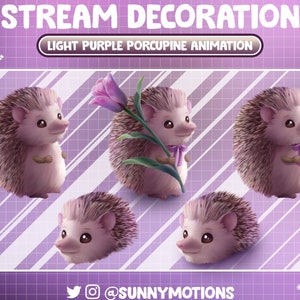 May include: Five animated light purple hedgehogs with a flower. The hedgehogs are in different poses, some holding a flower. The background is a purple and white striped pattern.