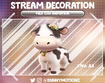 Decoración animada para stream: Peluche de vaca lechera adorable y estética, overlay kawaii para Twitch para amantes de la leche, versión Día de la Vaca en blanco y negro