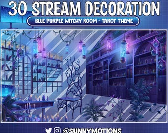 30 Animated Stream Decoration: Blue Witchy Celestial Game Room PC Set Up, Goth Twitch Overlay, Tarot Card, Candle, Ghost, Skull Poison Plant