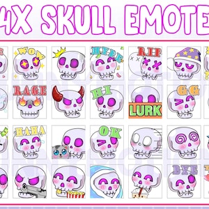 May include: A set of 44 digital skull emoticons with various expressions and accessories. The emoticons are in a grid format with a pink background and a white border. The emoticons are all white with pink cheeks and black eyes. Some of the emoticons have different accessories, such as a crown, a hat, a pumpkin, and sunglasses.