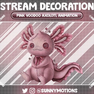 Op de afbeelding: Roze voodoo axolotl animatie. Een roze axolotl met een gestikte uitstraling, met een roze strik, zit op een roze en witte geruite achtergrond. De tekst "PINK VOODOO AXOLOTL ANIMATION" wordt boven de axolotl weergegeven.