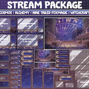 May include: A set of Twitch stream overlays featuring a starry night sky and gold accents. The overlays include a new subscriber, new cheer, new follower, about me, recent follow, recent sub, recent cheer, recent donation, and be right back screens. The overlays are designed in a whimsical, magical style with a library setting.
