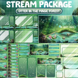 ANIMATED Stream Package / Otter In The Hole Tree / Magical Yellow Fairy Theme / Fireflies / Faeries Lotus Pond, River / Green Twitch Overlay