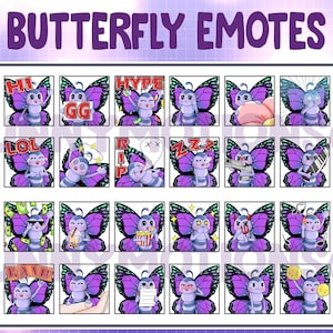 30 uroczych kawaii fioletowych motyli Twitch Discord emotikonów / zwierzęcych emotikonów / subskrybentów / odznak lojalnościowych sub bitów / punktów kanału / pakietów owadów