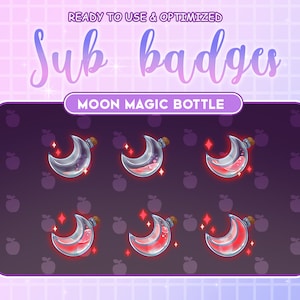 Botella de luna mágica de luna roja clara / Subtítulos de Twitch / Insignias de bits / Kawaii / Insignias de subtítulos lindas / Insignias para streamers / Streamer / Estrella de luna mágica