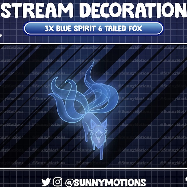 3x Animated Stream Decoration Animal: Blue Spirit Six Tailed Fox, Kawaii Cozy Lo-fi Aesthetic Dark Night Twitch Overlay, Cute Vtuber Add-on