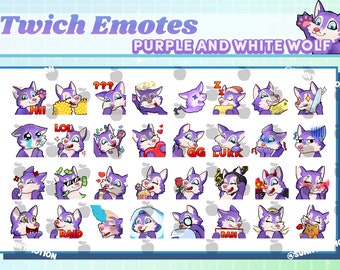 32x Cute Chibi Kawaii Purple White Wolf With Blue Eyes Twitch Discord Emotes / Forest Animal Emoji / Subscriber Loyalty Sub Bit Badges /