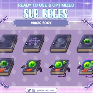 Könnte beinhalten: Ein Satz von acht animierten magischen Buch-Sub-Badges. Die Badges zeigen ein schwarzes Buch mit verschiedenen Designs, darunter ein Pentagramm, ein Auge und ein Monster mit einem grünen Auge und einer herausgestreckten Zunge. Der Text "SUB BADGES" und "MAGIC BOOK" wird oben im Bild angezeigt.