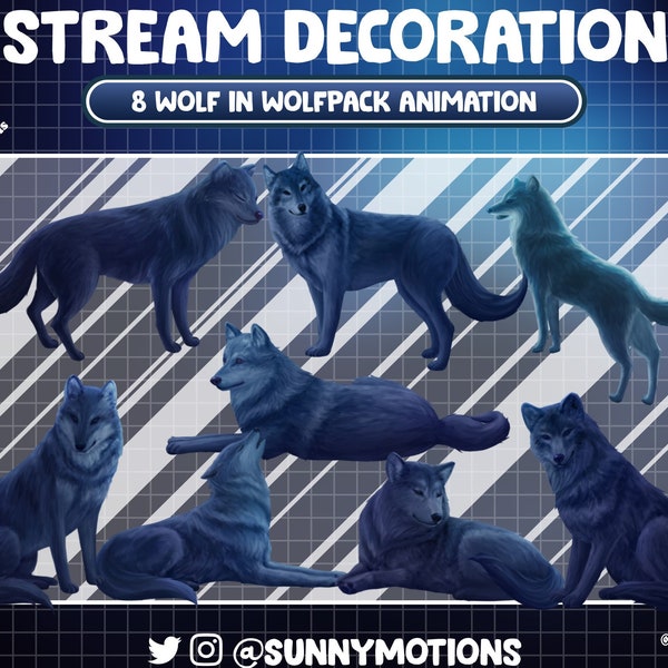 8x Animated Stream Decoration Animal: Wolfpack In Dark Night, Wolf Family Twitch Overlay, Pack Of Wolves For OBS, Mixer, Vtubers, Discord