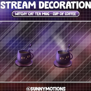 Animated Twitch Stream Decoration: Purple Witchy Cat Tea Mug / Aesthetic Lof-fi Cup Of Coffee Twitch Overlay / Drink Add-on Kawaii Overlay