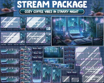 FULL ANIMATED Stream Package: Lo-fi Study Desk, City Night In Starry Night, Celestial Witchy House, Purple Blue Lights Room, Crescent Moon