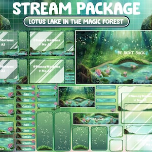ANIMIERTES Stream-Paket: Lotussee im gemütlichen Wald, Lo-Fi-ästhetische gelbe magische Feen-Glühwürmchen, Feenteich, flussgrünes Twitch-Overlay