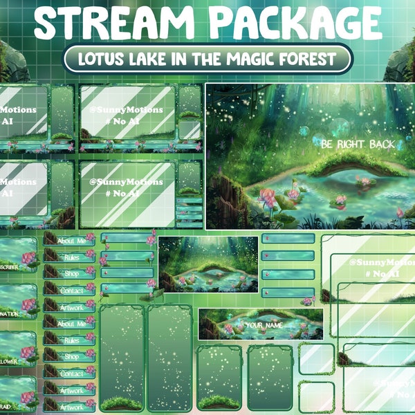 ANIMATED Stream Package: Lotus Lake In Cozy Forest, Lo-fi Aesthetic Yellow Magical Fairy Fireflies, Faeries Pond, River Green Twitch Overlay