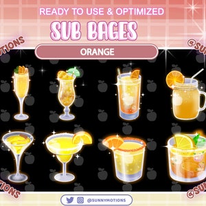 May include: Eight different orange-themed drink illustrations, including a margarita, a cocktail, a glass of champagne, and a mason jar with a straw. The illustrations are on a black background with a pattern of white apples. The text "SUB BAGES ORANGE" is at the top of the image.