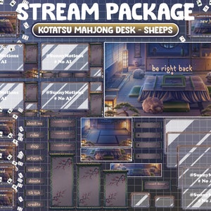 Op de afbeelding: Een digitale illustratie van een streampakket voor Twitch of YouTube. Het pakket toont een kamer in Japanse stijl met een kotatsu-tafel en verschillende overlays voor verschillende stream-evenementen, zoals nieuwe donaties, nieuwe volgers en nieuwe raids. De tekst "@SunnyMotions #No AI" verschijnt in verschillende overlays.