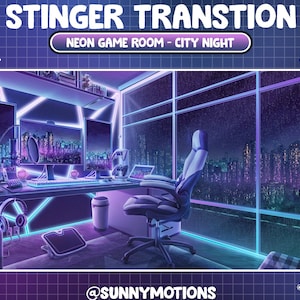 1x Animated Stream Stinger Transition: Cyberpunk Futuristic Neon Game Room / Glitch Sci Fi Retro Raining Night Motor City / Detroit Skyline